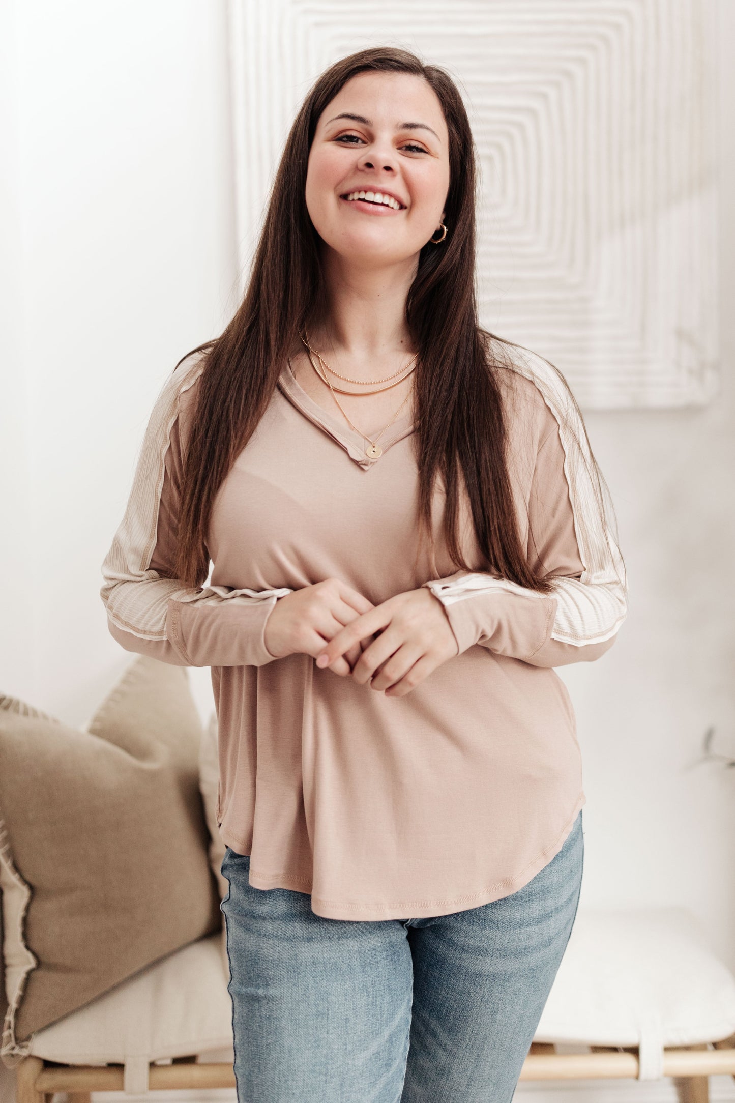 Coffee Date V Neck Top In Taupe