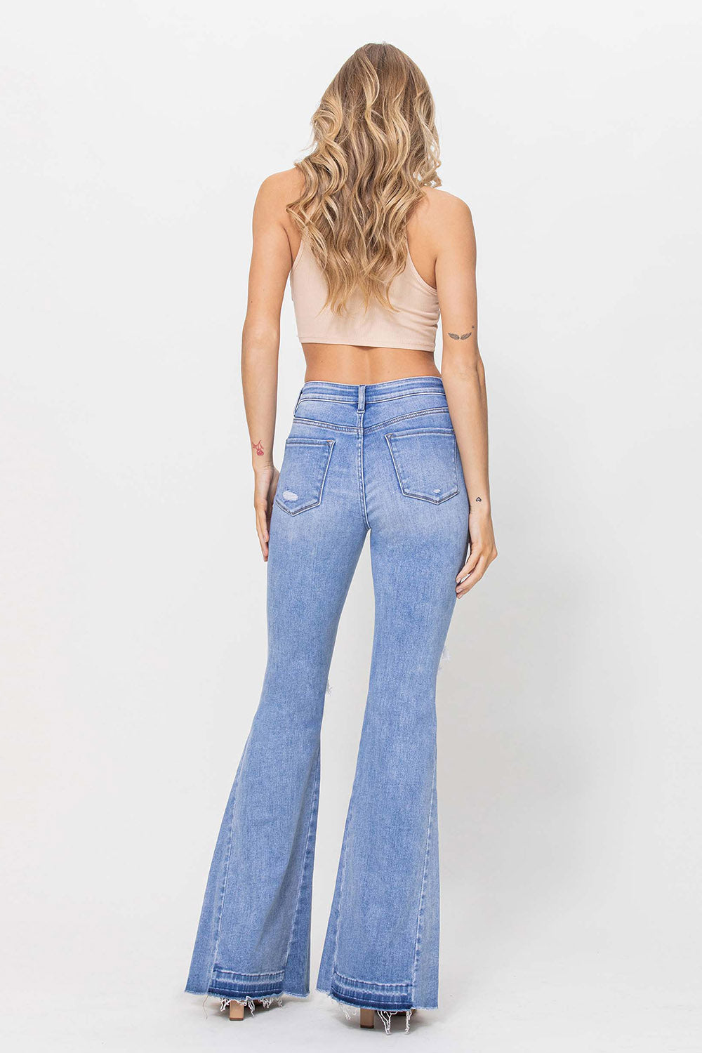 Last Reel - High Rise Flare Jeans with Side Panels and Mixed Step Hem